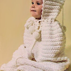 A Baby Bunting Knitted in White Worsted Yarn, Worn by a Baby - Vintage Knitting Pattern.