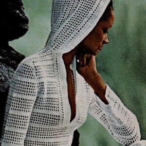 White Cotton Long Tunic in Filet Stitch With Hood (Worn by a Woman) - Vintage Crochet Pattern for Sizes XS, S, M and Fingering Yarn.