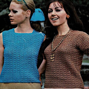 Women's Sleeveless Blouse Crocheted in Blue Fingering Yarn and a Short-Sleeve Blouse Crocheted in Brown Fingering Yarn (Shown on Models) from a Free Vintage Crochet Pattern.