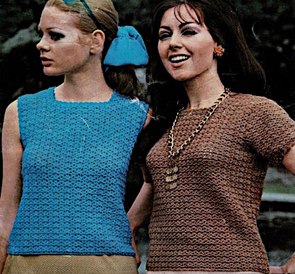 Women's Sleeveless Blouse Crocheted in Blue Fingering Yarn and a Short-Sleeve Blouse Crocheted in Brown Fingering Yarn (Shown on Models) from a Free Vintage Crochet Pattern.
