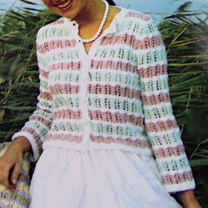 Women's Striped Cardigan in Lace Stitch, with 3/4 Sleeves from Worsted Yarn - Sizes Small, Medium, Large - Vintage Knitting Pattern.