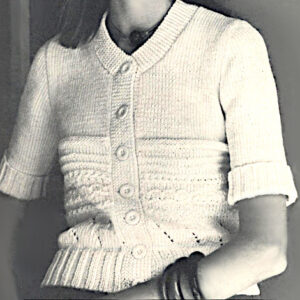 Knit Buttoned Top with Short Sleeves from Worsted Yarn - Lace Stitch, Moss Stitch, Stockinette Stitch - Small Sizes - Vintage Knitting Pattern.