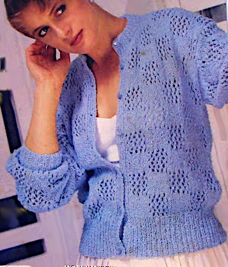 Women's Cardigan in Lace Pattern and Stockinette Stitch, with 3/4 Sleeves from Worsted Yarn - Sizes Small, Medium, Large, Extra Large - Vintage Knitting Pattern.